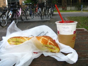 An 85 Breakfast Breakfast of champions! Taiwan's 85 degrees has pastries stuffed with more cheese, more filling...The coffee tastes about the same though ;)